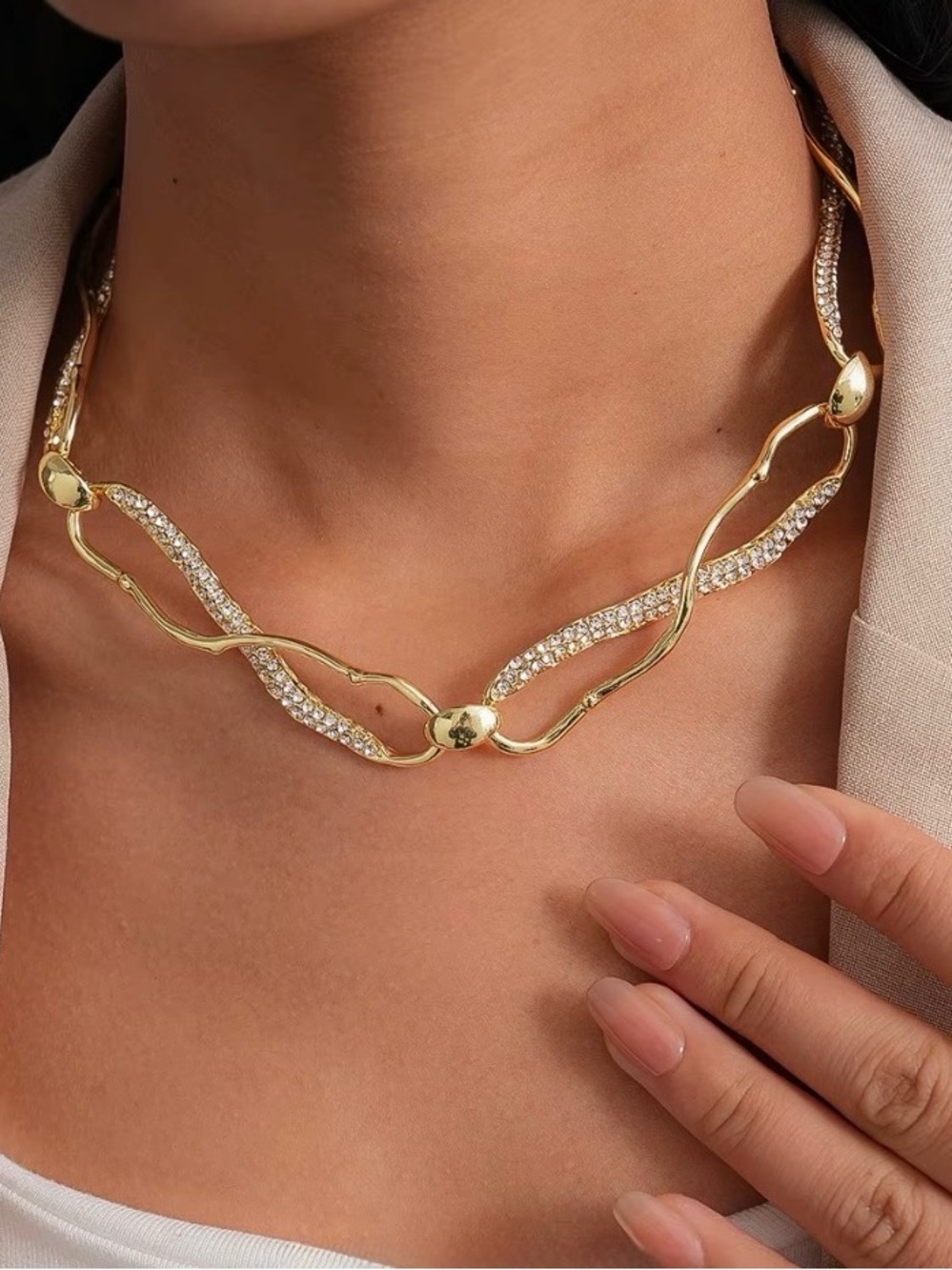 NEW Infinity Link Collar Chain Necklace Molten Metal Gold Clear C Z SB01
